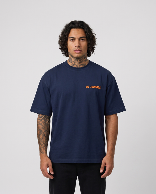 Navy Blue x Orange tee - front on model